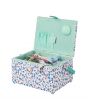 Sewing Online Medium Sewing Box, Blue Floral Fabric with a Sewing Notions Aplique Lid | 26 x 18 x 15cm | Storage and Organiser Basket with Compartments for Sewing Supplies, Accessories, Thread, Needles, and Scissors - GA1116M