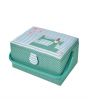 Medium Sewing Box with Compartments in a Navy Polka Dot Green Fabric with an Appliqu├® Sewing Machine and Pink Hearts Blue Striped Lid. 18.5x26x15cm