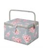 Large Beautiful Bloom Sewing Box, Pink on Grey Flowers Pattern Fabric, 23.5x31x20cm