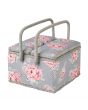 <strong>Extra Large Twin Lid Sewing Box</strong> <span>Grey and Pink Floral Print Fabric, 25 x 25 x 17cm, Storage and Organiser Basket with Compartments for Sewing Supplies, Accessories, Thread, Needles, Scissors</span> <em>Sewing Online MRLTLE-190</em>