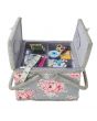 <strong>Extra Large Twin Lid Sewing Box</strong> <span>Grey and Pink Floral Print Fabric, 25 x 25 x 17cm, Storage and Organiser Basket with Compartments for Sewing Supplies, Accessories, Thread, Needles, Scissors</span> <em>Sewing Online MRLTLE-190</em>