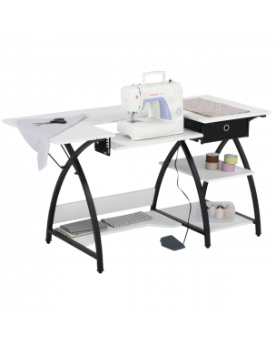 Large Sewing Table White Top with Black Legs, Sewing Machine Table with Adjustable Platform, Drop Leaf Extension, Storage Shelves and Drawer, Multipurpose: Quilting/Craft Table/Gaming/Computer Desk Sew Ready 13333