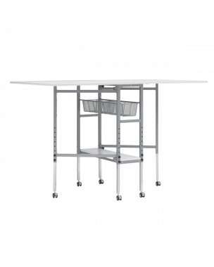 Quilting/Fabric Cutting Table Grid Top with Silver Legs and Wheels, Adjustable Height, Folding Craft Table with 2 Drop Leaves, Mobile, Compact and Easy to Store, Shelf and Tray for Craft Projects Sewing Online 13386