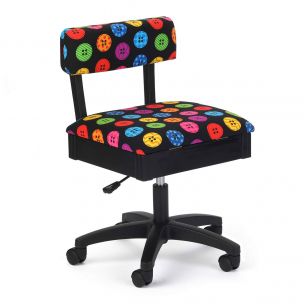 Hydraulic Sewing Chair with Underseat Storage Black/Multicolour Buttons Design & Black Wooden Base - Lumbar Support, Lift Mechanism, 5 Star 360deg Swivel Base on Casters. Sewing Room/Home Office Sewing Online HT2013