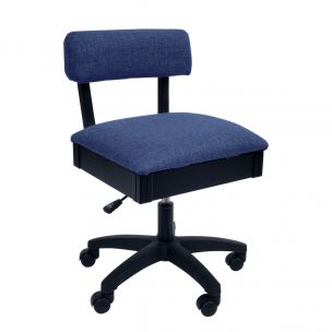 Hydraulic Sewing Chair with Underseat Storage Blue Fabric & Black Wooden Base, Lumbar Support & Lift Mechanism with 5 Star, 360 degree, Swivel Base on Casters, For Your Sewing Room / Home Office Sewing Online HT130