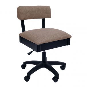Hydraulic Sewing Chair with Underseat Storage Brown Fabric & Black Wooden Base, Lumbar Support & Lift Mechanism with 5 Star, 360 degree, Swivel Base on Casters, For Your Sewing Room / Home Office Sewing Online HT140