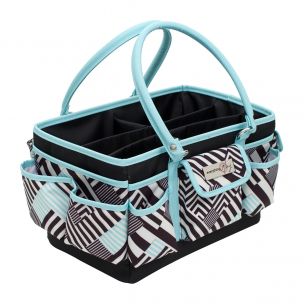 Craft Organiser Bag Teal Geometric Stripe, Collapsible Caddy and Tote with Compartments for Sewing, Scrapbooking, Paper Craft and Art Everything Mary EVM9152-22