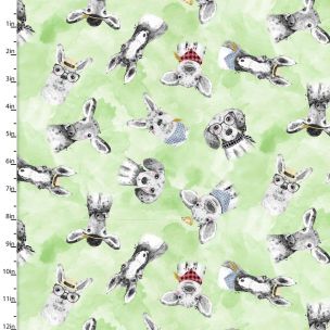 Cotton Craft Fabric 110cm wide x 1m Fancy Farm Collection Head Shot Sewing Online 16477-GRN