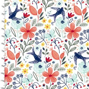 Cotton Craft Fabric 110cm wide x 1m Madison Collection Floral with Bird Sewing Online 16509-WHT