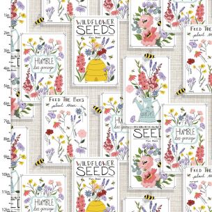 Cotton Craft Fabric 110cm wide x 1m Feed The Bees Collection-Wild Flower Seeds Sewing Online 17210-WHT