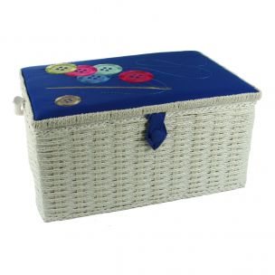 Large Sewing Basket White with Navy Embroidered Buttons Lid | 32 x 25 x 20cm | Storage and Organiser Box with Compartments for Sewing Supplies, Accessories, Thread, Needles and Scissors Sewing Online FL-012