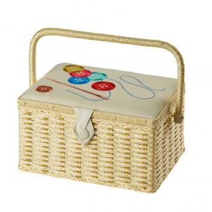 Medium Sewing Basket Cream with Embroidered Buttons Lid | 26 x 19 x 15cm | Storage and Organiser Box with Compartments for Sewing Supplies, Accessories, Thread, Needles and Scissors Sewing Online FM-001