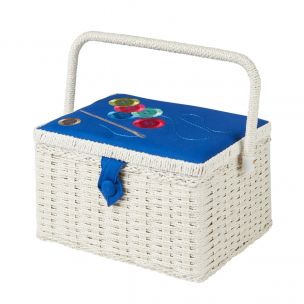Medium Sewing Basket White with Navy Embroidered Buttons Lid | 26 x 19 x 15cm | Storage and Organiser Box with Compartments for Sewing Supplies, Accessories, Thread, Needles and Scissors Sewing Online FM-012