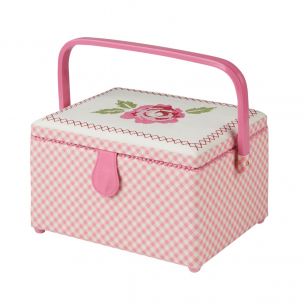 Medium Sewing Box Pink Fabric with an Embroidered Floral Lid | 26 x 18 x 15cm | Storage and Organiser Basket with Compartments for Sewing Supplies, Accessories, Thread, Needles and Scissors Sewing Online GA1114M
