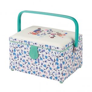 Medium Sewing Box Blue Floral Fabric with a Sewing Notions Aplique Lid, 26x18x15cm, Storage and Organiser Basket with Compartments for Sewing Supplies, Accessories, Thread, Needles, Scissors Sewing Online GA1116M