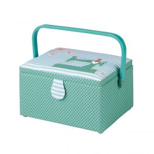 Medium Sewing Box Green Fabric with a Sewing Machine Aplique Lid | 26x18x15cm | Storage and Organiser Basket with Compartments for Sewing Supplies, Accessories, Thread, Needles and Scissors Sewing Online GA1119M