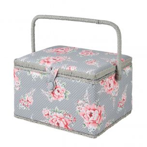 Large Sewing Box Grey and Pink Floral Print Fabric | 31 x 23 x 20cm | Storage and Organiser Basket with Compartments for Sewing Supplies, Accessories, Thread, Needles and Scissors Sewing Online MRL-190