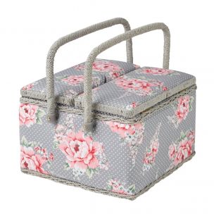 Extra Large Twin Lid Sewing Box Grey and Pink Floral Print Fabric, 25 x 25 x 17cm, Storage and Organiser Basket with Compartments for Sewing Supplies, Accessories, Thread, Needles, Scissors Sewing Online MRLTLE-190
