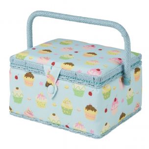 Medium Sewing Box Blue Cupcakes Print Fabric | 26 x 18 x 15cm | Storage and Organiser Basket with Compartments for Sewing Supplies, Accessories, Thread, Needles and Scissors Sewing Online MRM-18