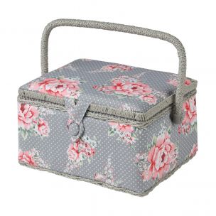 Medium Sewing Box Grey and Pink Floral Print Fabric | 26 x 18 x 15cm | Storage and Organiser Basket with Compartments for Sewing Supplies, Accessories, Thread, Needles and Scissors Sewing Online MRM-190
