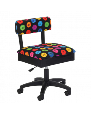 Hydraulic Sewing Chair with Underseat Storage Black/Multicolour Buttons Design & Black Wooden Base - Lumbar Support, Lift Mechanism, 5 Star 360deg Swivel Base on Casters. Sewing Room/Home Office Sewing Online HT2013