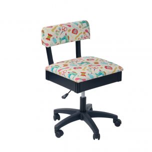 Hydraulic Sewing Chair with Underseat Storage White/Multicolour Notions Design/Black Wooden Base, Lumbar Support, Lift Mechanism, 5 Star, 360deg, Swivel Base on Casters. Sewing Room/Home Office Sewing Online HT2017