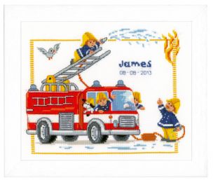 Counted X Stitch Kit: Birth Record: Fire Engine Vervaco PN-0145601