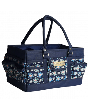 Craft Organiser Bag Navy Daisy, Collapsible Caddy and Tote with Compartments for Sewing, Scrapbooking, Paper Craft and Art Sew Stylish PT900-NAVY-DAISY