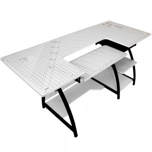 Large Sewing Table with Gridded White Top and Black Legs, Sewing Machine Table with Adjustable Platform, Drop Leaf Extension, Storage Shelves and Drawer, For Quilting and Craft Sewing Online 13336