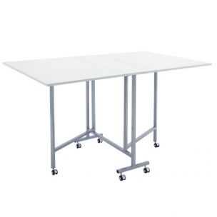 Quilting/Fabric Cutting Table White Top with Silver Legs and Wheels, Folding Craft Table with Two Drop Leaves, Mobile, Compact and Easy to Store, Extra Workspace for Sewing, Craft/Hobby Projects Sewing Online 13371