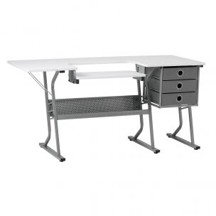 Large Sewing Table White Top with Grey Legs, Sewing Machine Table with Adjustable Platform, Drop Leaf Extension, Storage Shelf and Drawers, Multipurpose: Quilting/Craft Table/Gaming/Computer Desk Sewing Online 13376
