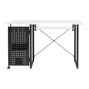 Sewing Table with Fold-out Storage Panel White/Black Legs, Sewing Machine Table with Adjustable Platform, Drop Leaf Extension, Storage Hooks and Baskets, For Quilting and Craft Sewing Online 13396