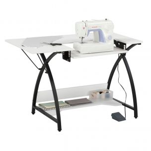 Small Sewing Table White Top with Black Legs, Sewing Machine Table with Adjustable Platform, Drop Leaf Extension and Storage Shelf, Multipurpose: Use as a Quilting/Craft Table or Gaming/Computer Desk Sew Ready 13332