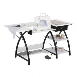 Large Sewing Table White Top with Black Legs, Sewing Machine Table with Adjustable Platform, Drop Leaf Extension, Storage Shelves and Drawer, Multipurpose: Quilting/Craft Table/Gaming/Computer Desk Sew Ready 13333