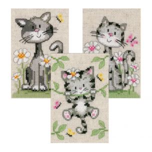 Counted Cross Stitch Kit: Cats & Flowers Set of 3 Vervaco PN-0147743