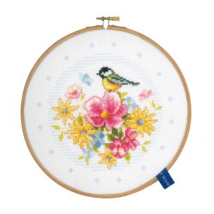 Counted Cross Stitch Kit with Embroidery Ring: Bird and Flowers Vervaco PN-0151945