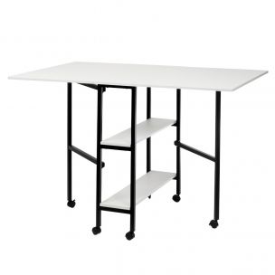 Quilting/Fabric Cutting Table White Top with Black Legs and Wheels, Folding Craft Table with 2 Drop Leaves and 2 Storage Shelves, Extra Workspace for Sewing and Hobby Projects Sewing Online WC1012